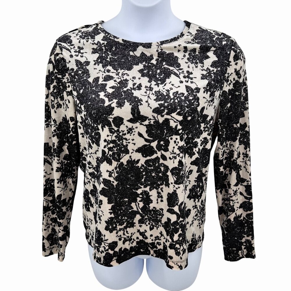 SPARKLE BLACK & IVORY WHITE STAG FLORAL PRINT LONG SLEEVE TOP - L
